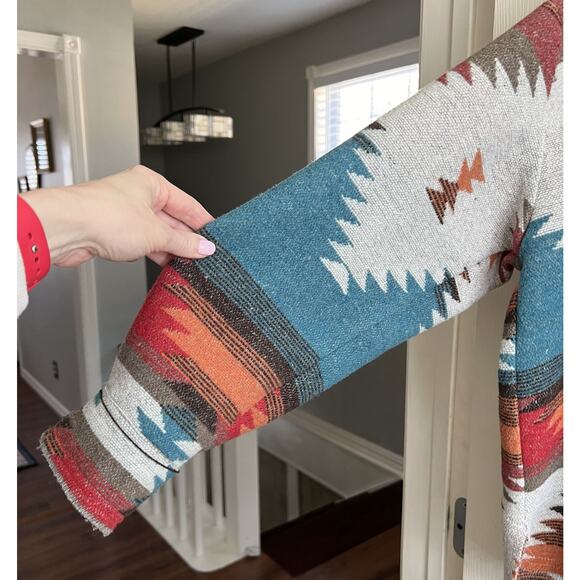 LA MIEL Women’s Aztec Southwestern Blanket Frayed Button Shacket Jacket Sz M - Picture 2 of 13